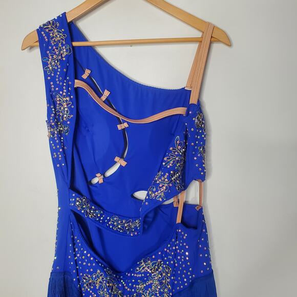 Fringe Latin Dance Dress Ballroom Performance Dancewear Royal Blue Tango Size XL - Picture 5 of 10